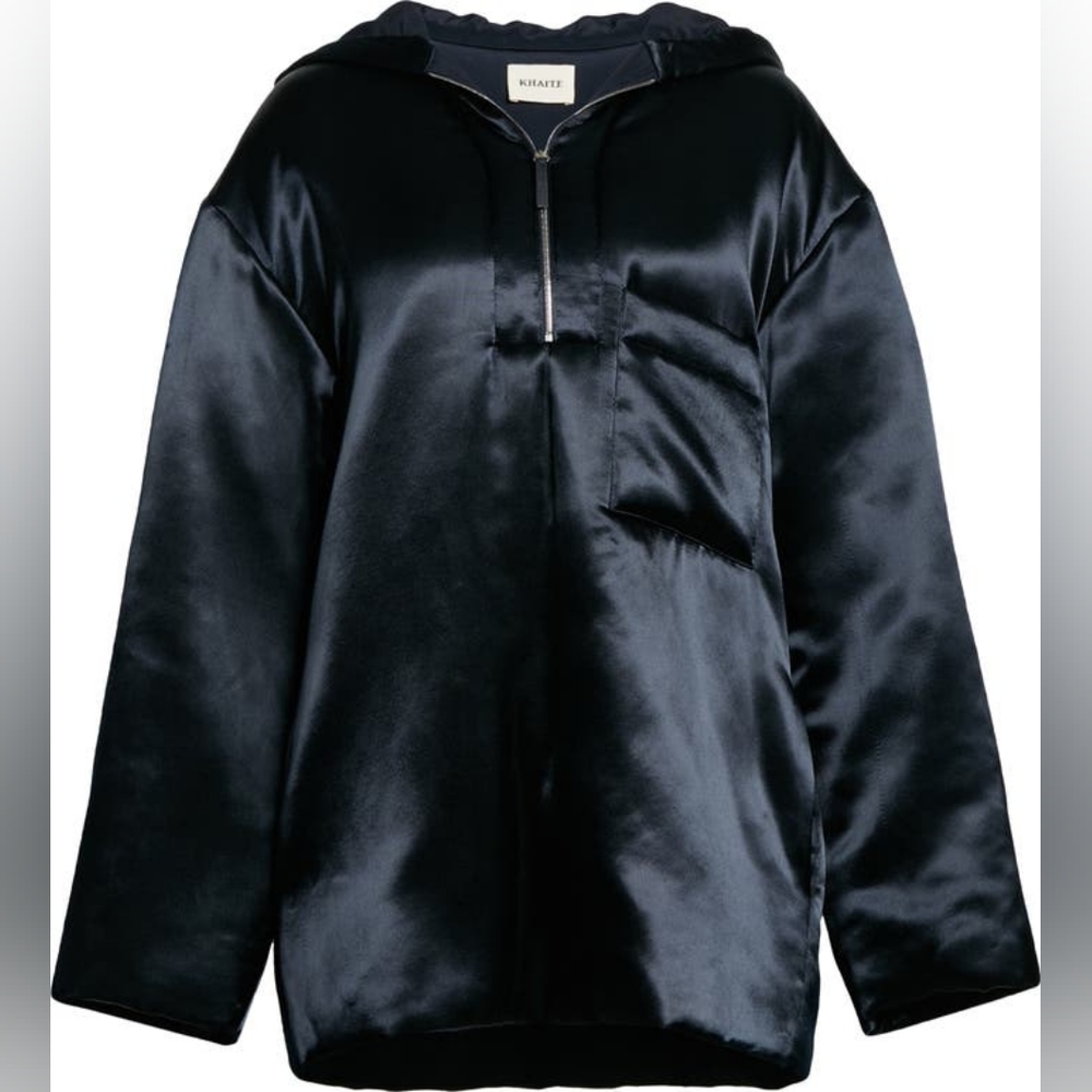 NWOT KHAITE Henry Satin Pullover Hooded Jacket in navy size M Org $1,700 - Picture 6 of 12